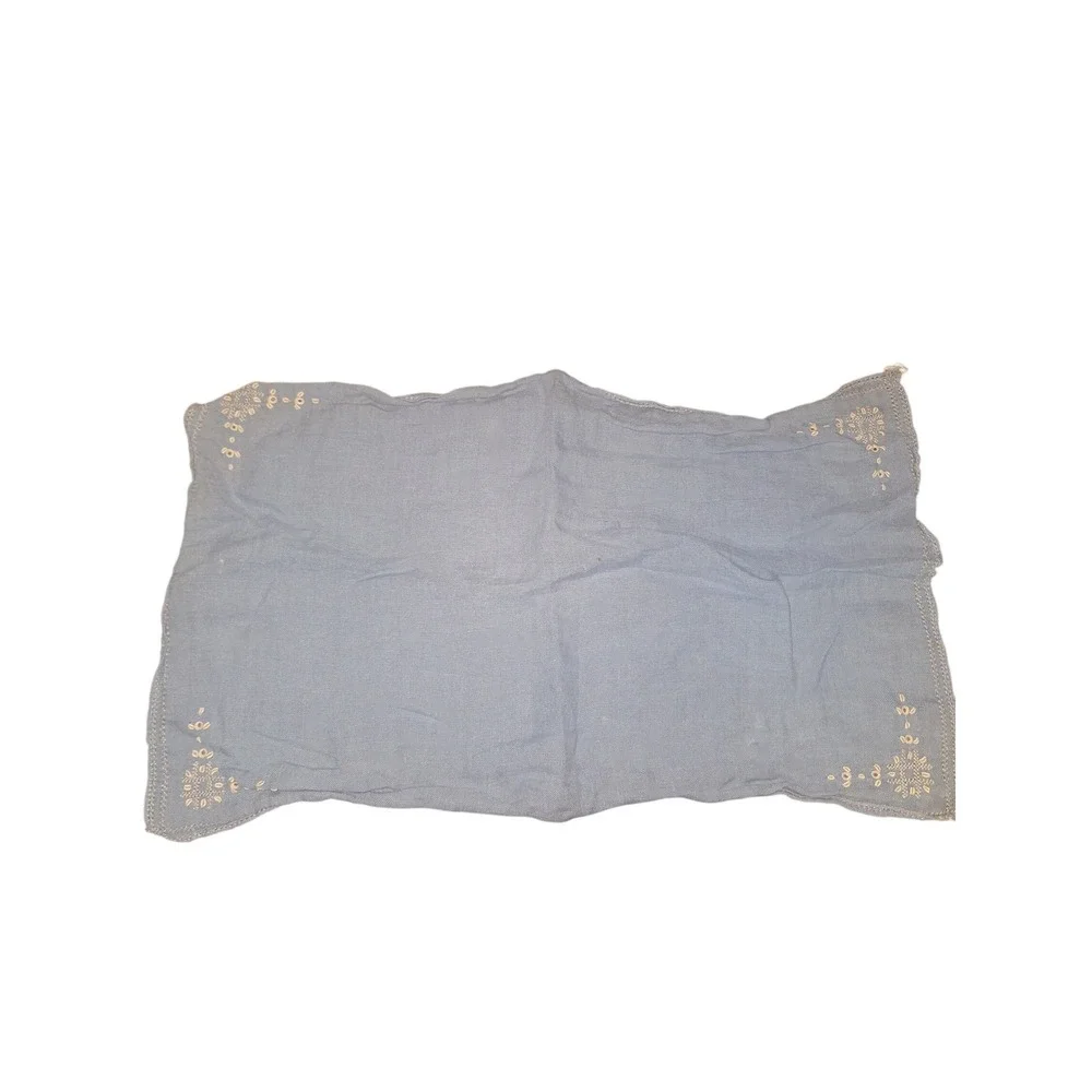 Vintage Blue Linen Table Runner and Napkin Set Floral Embroidery Lace‎ Trim